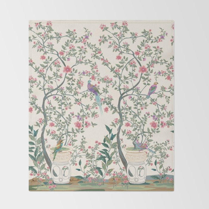 Chinoiserie Lemon Fresco Floral Garden Birds Oriental Botanical Throw Blanket Gallery Image 2