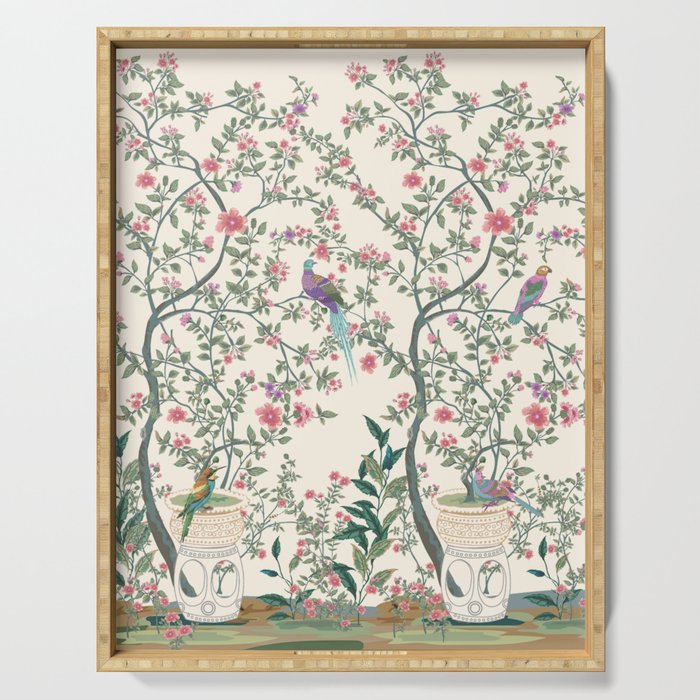 Chinoiserie Lemon Fresco Floral Garden Birds Oriental Botanical Serving Tray Gallery Image 1