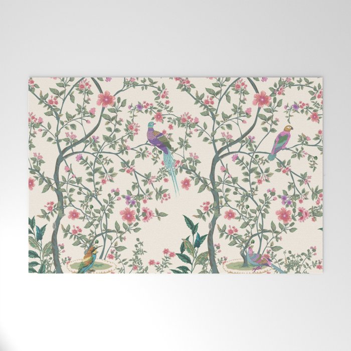 Chinoiserie Lemon Fresco Floral Garden Birds Oriental Botanical Welcome Mat Gallery Image 1