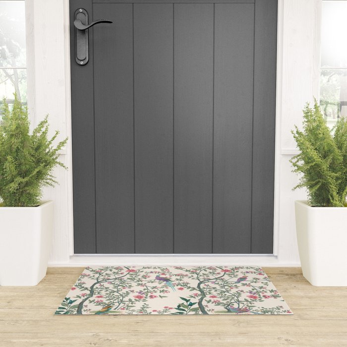 Chinoiserie Lemon Fresco Floral Garden Birds Oriental Botanical Welcome Mat Gallery Image 3