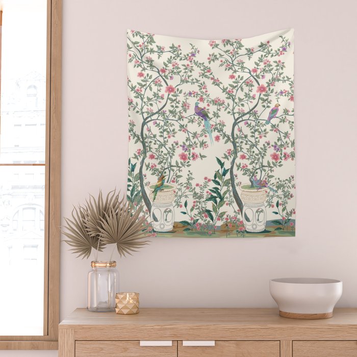 Chinoiserie Lemon Fresco Floral Garden Birds Oriental Botanical Wall Tapestry Gallery Image 2
