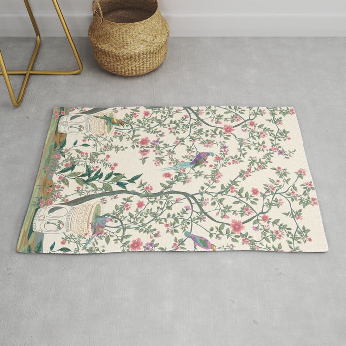Chinoiserie Lemon Fresco Floral Garden Birds Oriental Botanical Rug Gallery Image 1