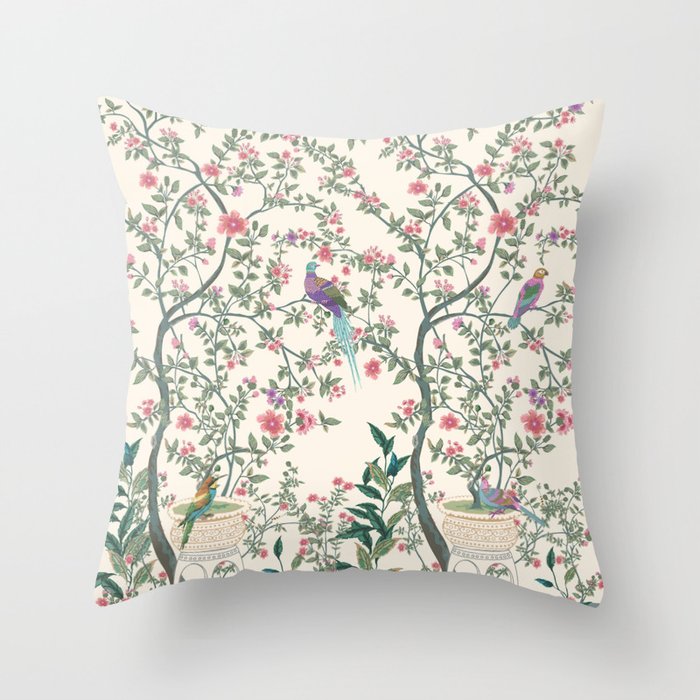 Chinoiserie Lemon Fresco Floral Garden Birds Oriental Botanical Throw Pillow Gallery Image 1