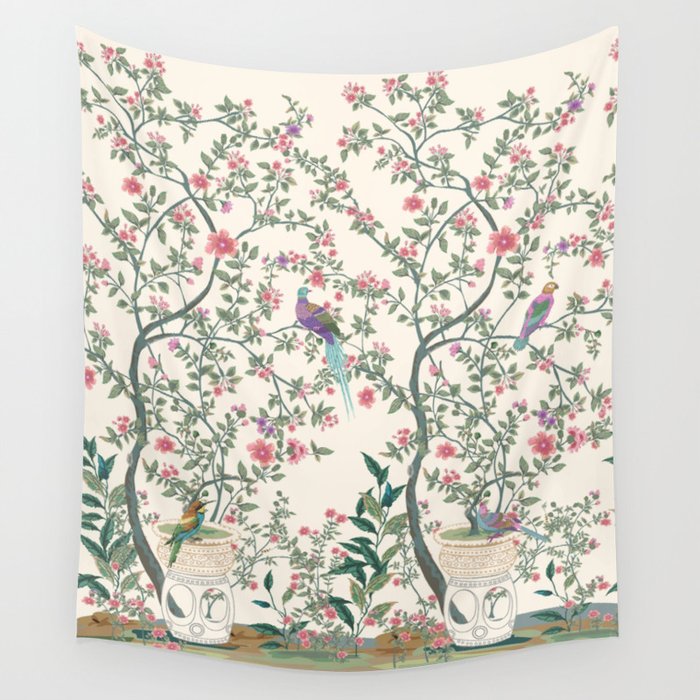 Chinoiserie Lemon Fresco Floral Garden Birds Oriental Botanical Wall Tapestry Gallery Image 1