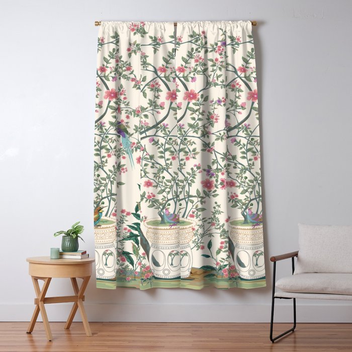 Chinoiserie Lemon Fresco Floral Garden Birds Oriental Botanical Window Curtain Gallery Image 5