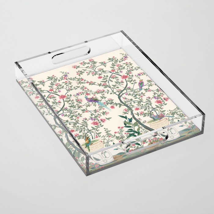 Chinoiserie Lemon Fresco Floral Garden Birds Oriental Botanical Acrylic Tray Gallery Image 1