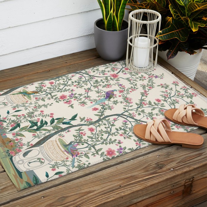 Chinoiserie Lemon Fresco Floral Garden Birds Oriental Botanical Outdoor Rug Gallery Image 2