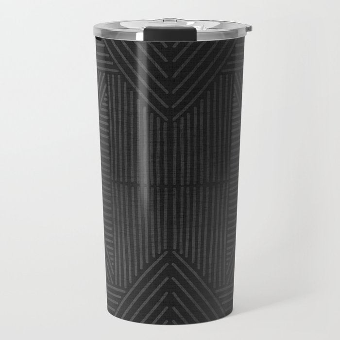Charcoal grey line work on textured cloth - abstract geometric pattern Travel Mug Gallery Image 1