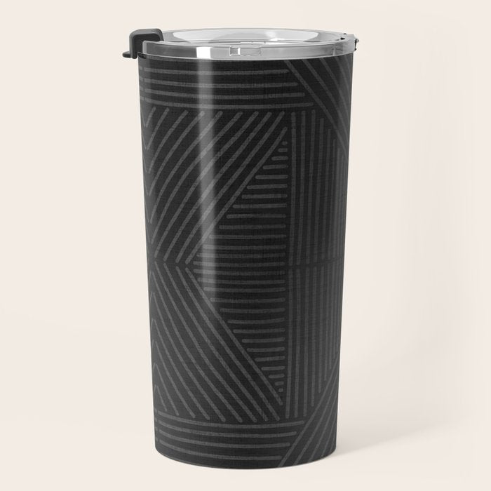 Charcoal grey line work on textured cloth - abstract geometric pattern Travel Mug Gallery Image 3
