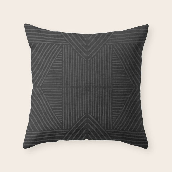 Charcoal grey line work on textured cloth - abstract geometric pattern Throw Pillow Gallery Image 1