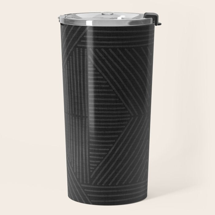 Charcoal grey line work on textured cloth - abstract geometric pattern Travel Mug Gallery Image 2