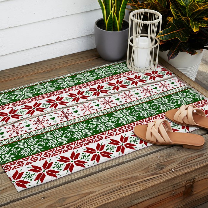 Green & Red Winter Fair Isle Outdoor Rug Gallery Image 2