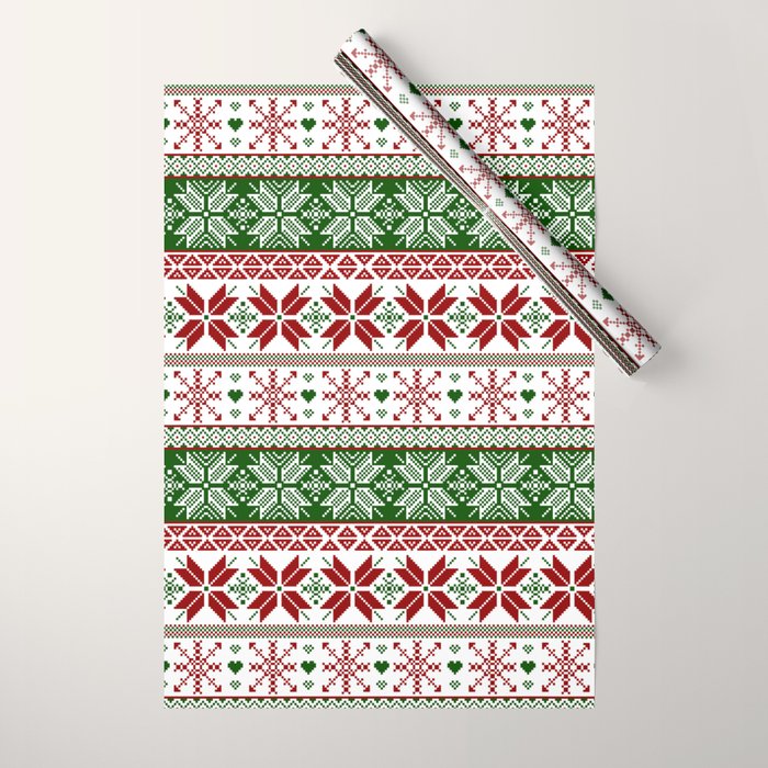 Green & Red Winter Fair Isle Wrapping Paper Gallery Image 1