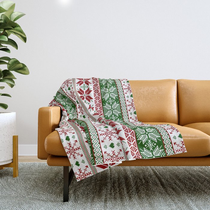 Green & Red Winter Fair Isle Throw Blanket Gallery Image 1