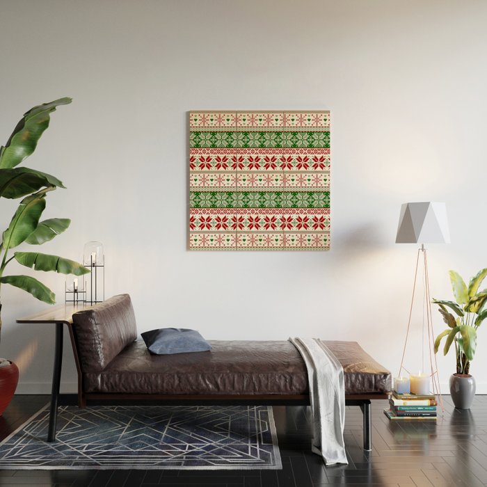 Green & Red Winter Fair Isle Wood Wall Art Gallery Image 2