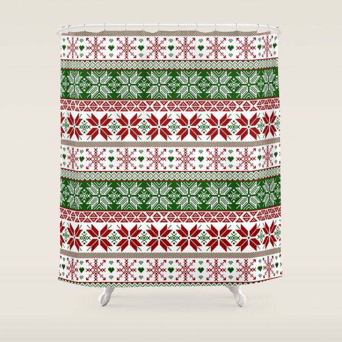 Green & Red Winter Fair Isle Shower Curtain Gallery Image 1