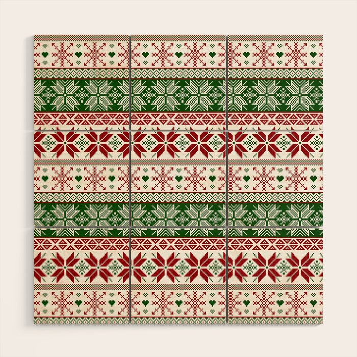 Green & Red Winter Fair Isle Wood Wall Art Gallery Image 1