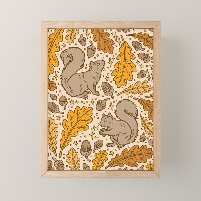 Oak & Squirrels | Autumn Yellows Palette Mini Art Print Gallery Image 1