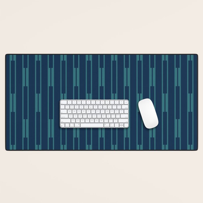 Minimalist Geo Chain Vertical  Block Stripe Pattern in Teal and Navy Blue Desk Mat Gallery Image 1