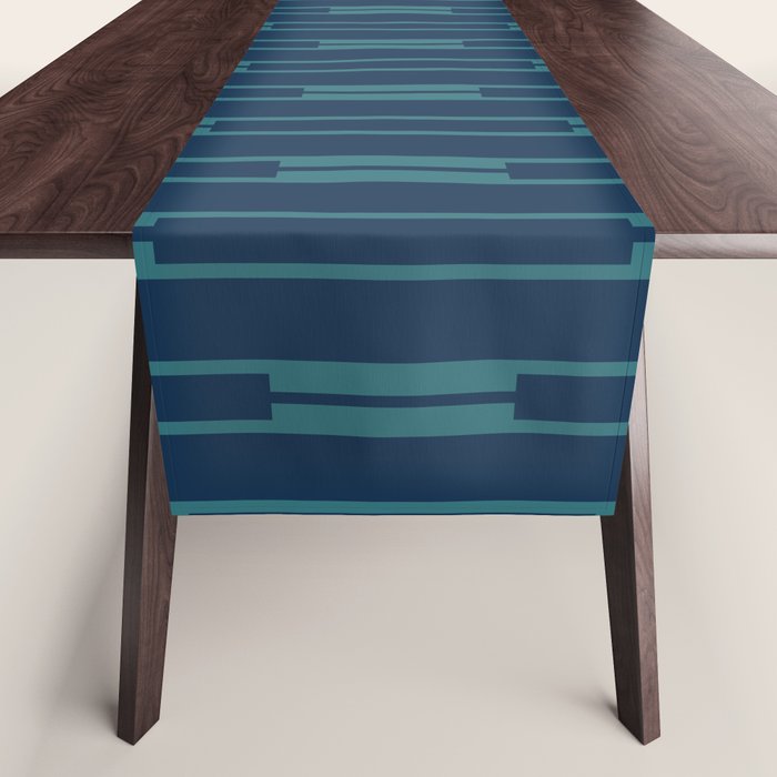 Minimalist Geo Chain Vertical  Block Stripe Pattern in Teal and Navy Blue Table Runner Gallery Image 1
