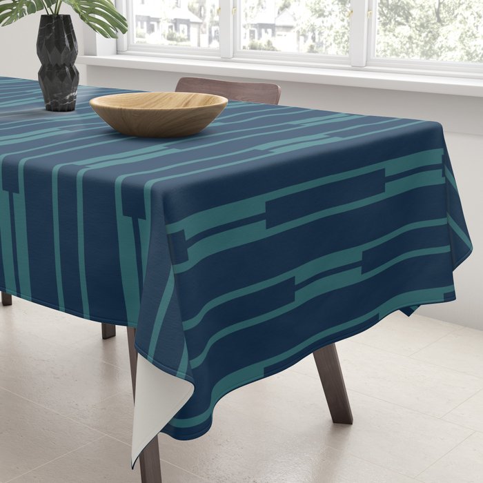 Minimalist Geo Chain Vertical  Block Stripe Pattern in Teal and Navy Blue Tablecloth Gallery Image 3