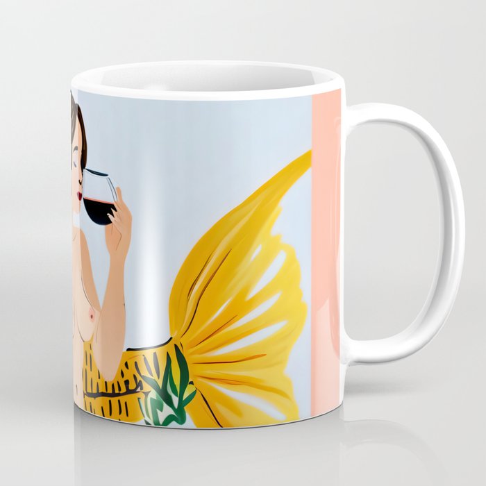 Fishy Shananigans, Eclectic Nude Woman Fish Wine Illustration, Quirky Whimsical Drinking Alcohol, Modern Bohemian Binging Weekend Painting Coffee Mug Gallery Image 1