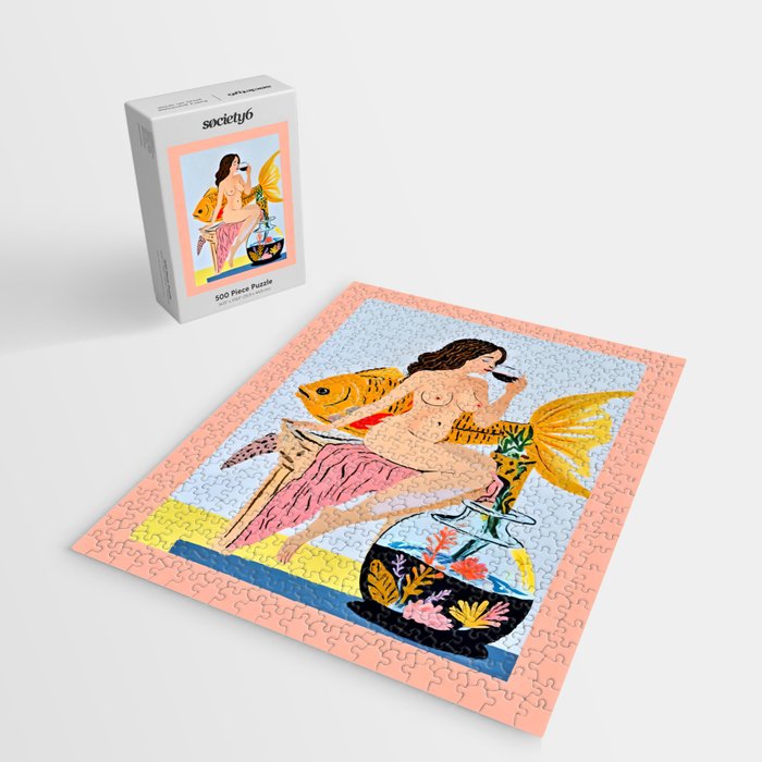 Fishy Shananigans, Eclectic Nude Woman Fish Wine Illustration, Quirky Whimsical Drinking Alcohol, Modern Bohemian Binging Weekend Painting Jigsaw Puzzle Gallery Image 2