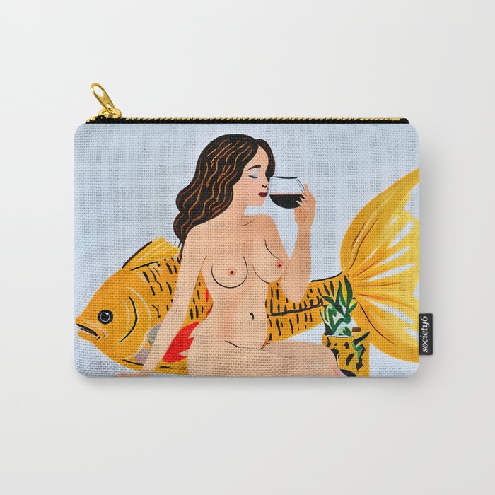Fishy Shananigans, Eclectic Nude Woman Fish Wine Illustration, Quirky Whimsical Drinking Alcohol, Modern Bohemian Binging Weekend Painting Carry All Pouch Gallery Image 1