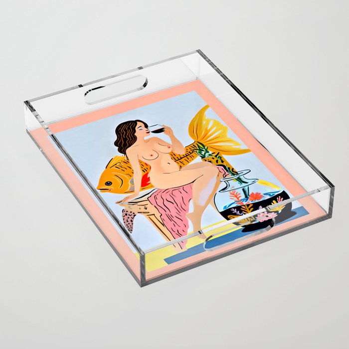 Fishy Shananigans, Eclectic Nude Woman Fish Wine Illustration, Quirky Whimsical Drinking Alcohol, Modern Bohemian Binging Weekend Painting Acrylic Tray Gallery Image 1