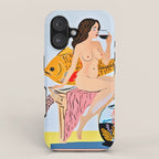 Fishy Shananigans, Eclectic Nude Woman Fish Wine Illustration, Quirky Whimsical Drinking Alcohol, Modern Bohemian Binging Weekend Painting iPhone Case Gallery Image 1