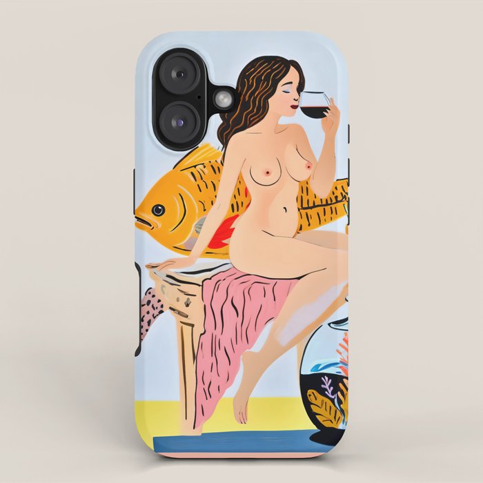 Fishy Shananigans, Eclectic Nude Woman Fish Wine Illustration, Quirky Whimsical Drinking Alcohol, Modern Bohemian Binging Weekend Painting iPhone Case Gallery Image 1
