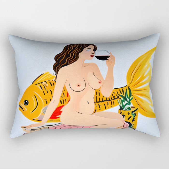 Fishy Shananigans, Eclectic Nude Woman Fish Wine Illustration, Quirky Whimsical Drinking Alcohol, Modern Bohemian Binging Weekend Painting Rectangular Pillow Gallery Image 2