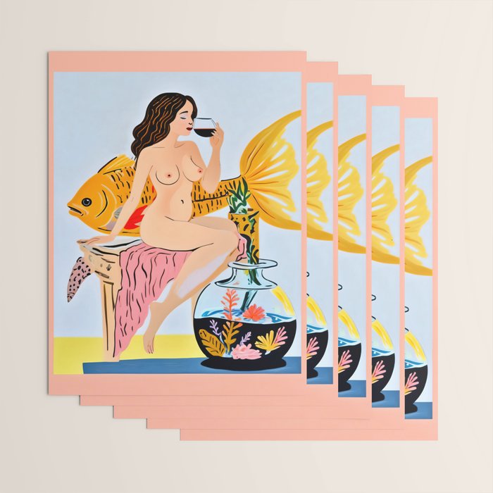 Fishy Shananigans, Eclectic Nude Woman Fish Wine Illustration, Quirky Whimsical Drinking Alcohol, Modern Bohemian Binging Weekend Painting Wrapping Paper Gallery Image 3