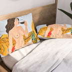 Fishy Shananigans, Eclectic Nude Woman Fish Wine Illustration, Quirky Whimsical Drinking Alcohol, Modern Bohemian Binging Weekend Painting Pillow Sham Gallery Image 2