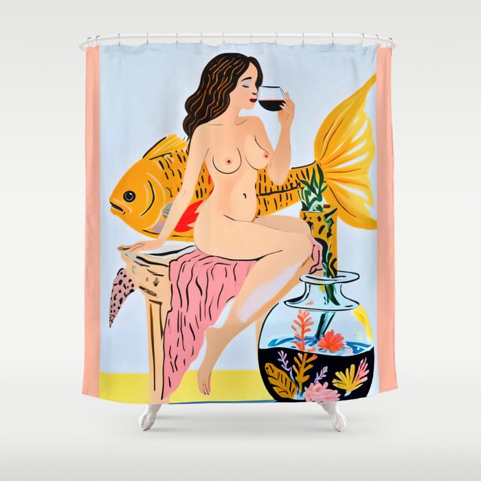 Fishy Shananigans, Eclectic Nude Woman Fish Wine Illustration, Quirky Whimsical Drinking Alcohol, Modern Bohemian Binging Weekend Painting Shower Curtain Gallery Image 1