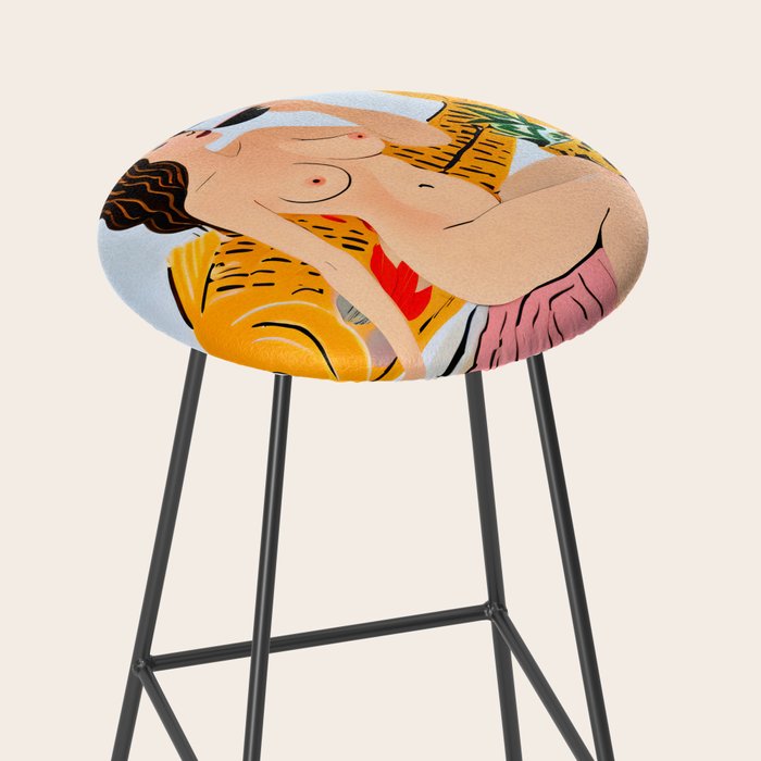 Fishy Shananigans, Eclectic Nude Woman Fish Wine Illustration, Quirky Whimsical Drinking Alcohol, Modern Bohemian Binging Weekend Painting Stool Gallery Image 2