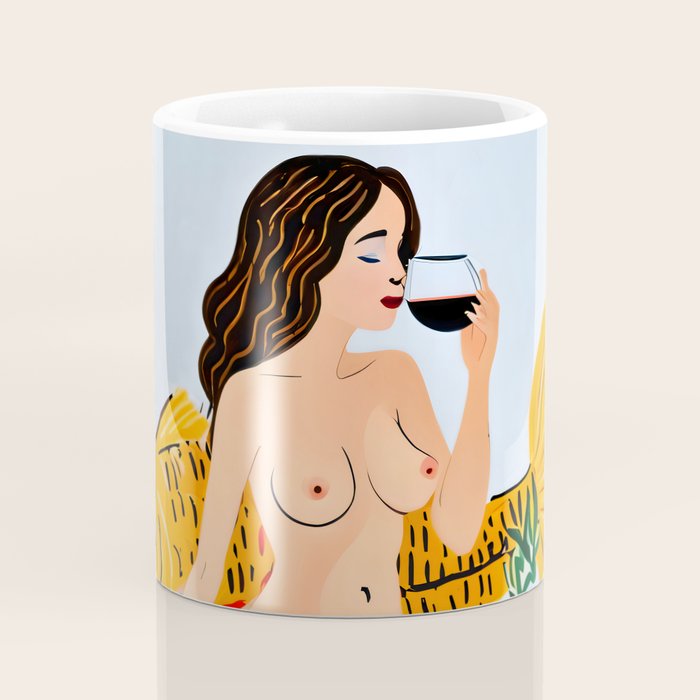Fishy Shananigans, Eclectic Nude Woman Fish Wine Illustration, Quirky Whimsical Drinking Alcohol, Modern Bohemian Binging Weekend Painting Coffee Mug Gallery Image 4