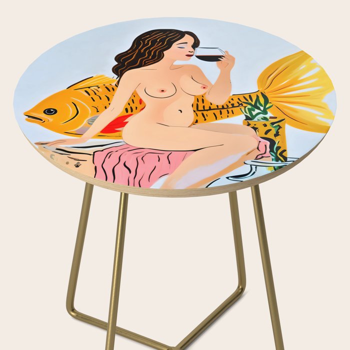Fishy Shananigans, Eclectic Nude Woman Fish Wine Illustration, Quirky Whimsical Drinking Alcohol, Modern Bohemian Binging Weekend Painting Side Table Gallery Image 2
