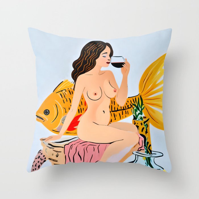 Fishy Shananigans, Eclectic Nude Woman Fish Wine Illustration, Quirky Whimsical Drinking Alcohol, Modern Bohemian Binging Weekend Painting Throw Pillow Gallery Image 1