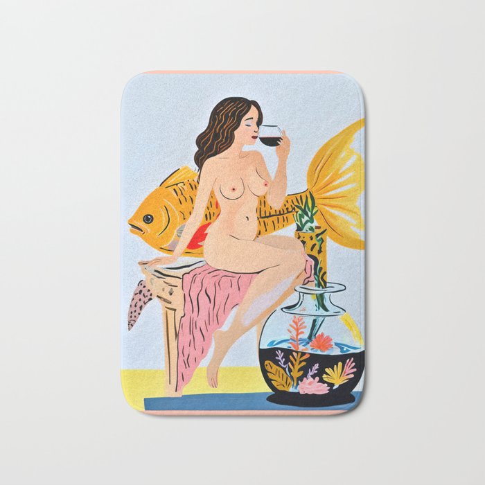 Fishy Shananigans, Eclectic Nude Woman Fish Wine Illustration, Quirky Whimsical Drinking Alcohol, Modern Bohemian Binging Weekend Painting Bath Mat Gallery Image 1