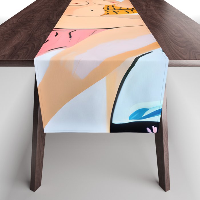 Fishy Shananigans, Eclectic Nude Woman Fish Wine Illustration, Quirky Whimsical Drinking Alcohol, Modern Bohemian Binging Weekend Painting Table Runner Gallery Image 1
