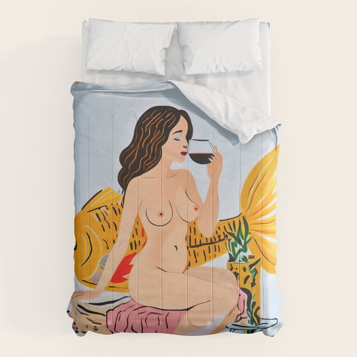 Fishy Shananigans, Eclectic Nude Woman Fish Wine Illustration, Quirky Whimsical Drinking Alcohol, Modern Bohemian Binging Weekend Painting Comforter Gallery Image 6