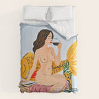 Fishy Shananigans, Eclectic Nude Woman Fish Wine Illustration, Quirky Whimsical Drinking Alcohol, Modern Bohemian Binging Weekend Painting Comforter Gallery Image 6