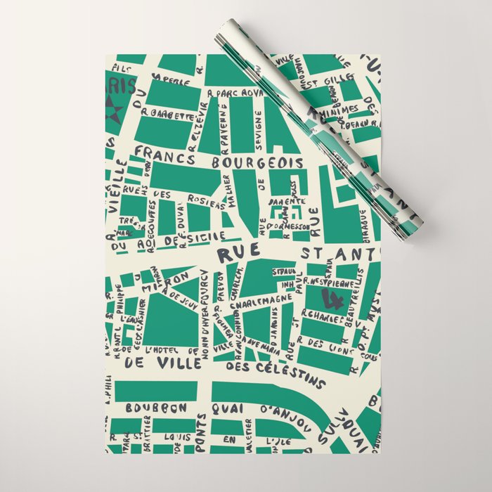 PARIS MAP GREEN Wrapping Paper Gallery Image 1