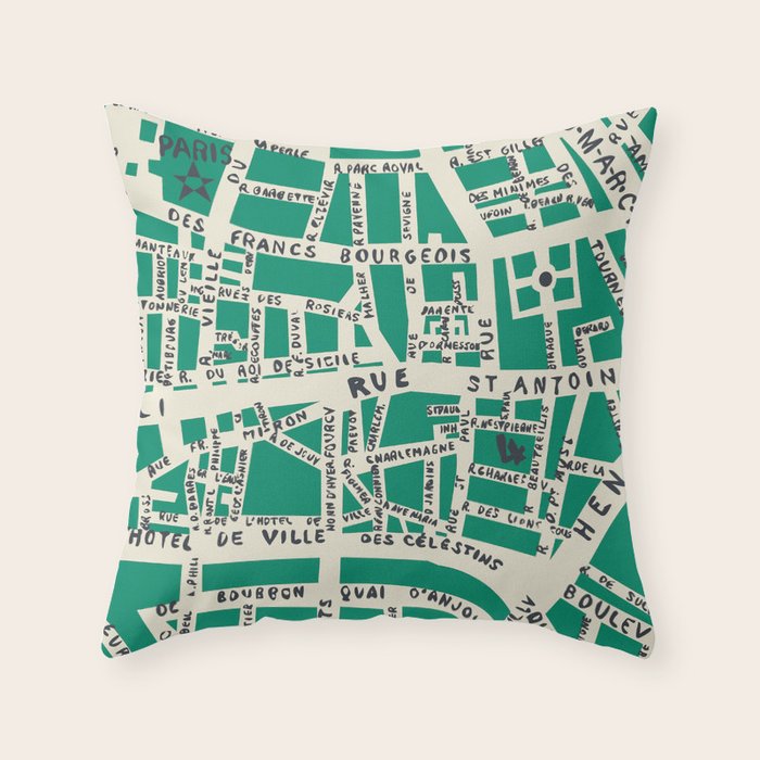 PARIS MAP GREEN Throw Pillow Gallery Image 1