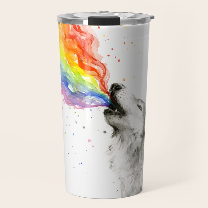 Wolf Howling Rainbow Watercolor Travel Mug Gallery Image 1