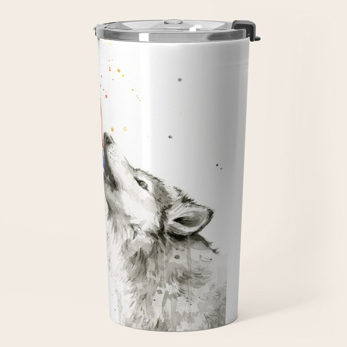 Wolf Howling Rainbow Watercolor Travel Mug Gallery Image 2