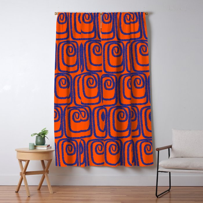 Mid Century Modern Twist Pattern in Orange and Bright Blue Window Curtain Gallery Image 5