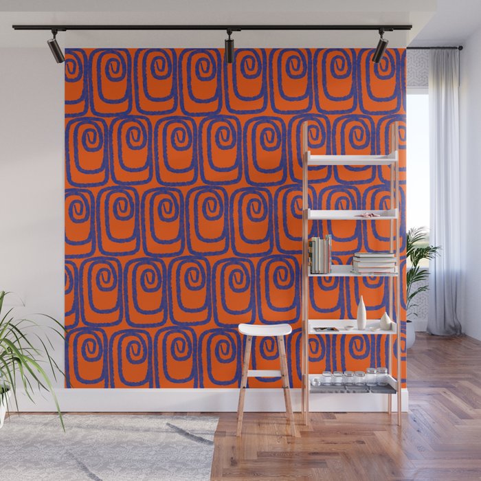Mid Century Modern Twist Pattern in Orange and Bright Blue Wall Mural Gallery Image 1