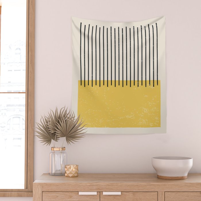 Yellow Lemon Square Stripes Mid Century Modern Minimalist Rothko Inspired Colourfield Stripes Wall Tapestry Gallery Image 2
